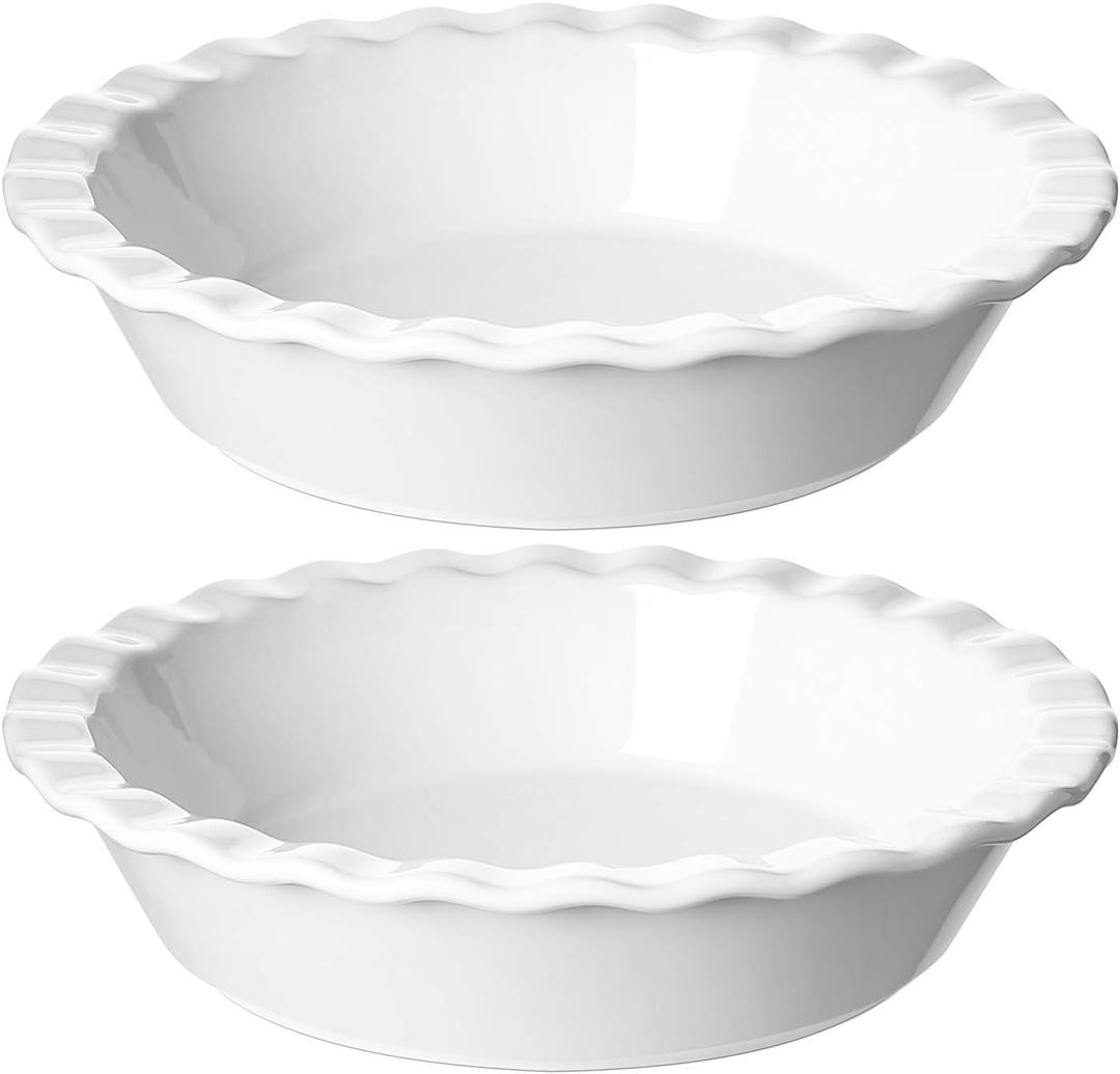 LE TAUCI Ceramic Pie Pans Plate for Baking, 9 inch Deep Dish Baking Dish, 52 ounce Bakeware for Apple Pecan Pie, Set of 2, White