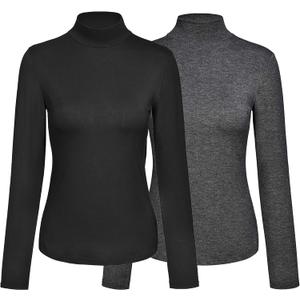 Kindcall Womens Slim Fitted Mock Turtleneck Tops Long Sleeve Lightweight Base Layer Shirts (X-Large, Black+dark Grey 2pack)