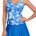 Women's Tankini Swimsuits Two-Piece Bathing Suits Swimdress Twist Cross Tummy Control Beach Swimwear Top Swim Skirt (Medium, Royal Leaf)