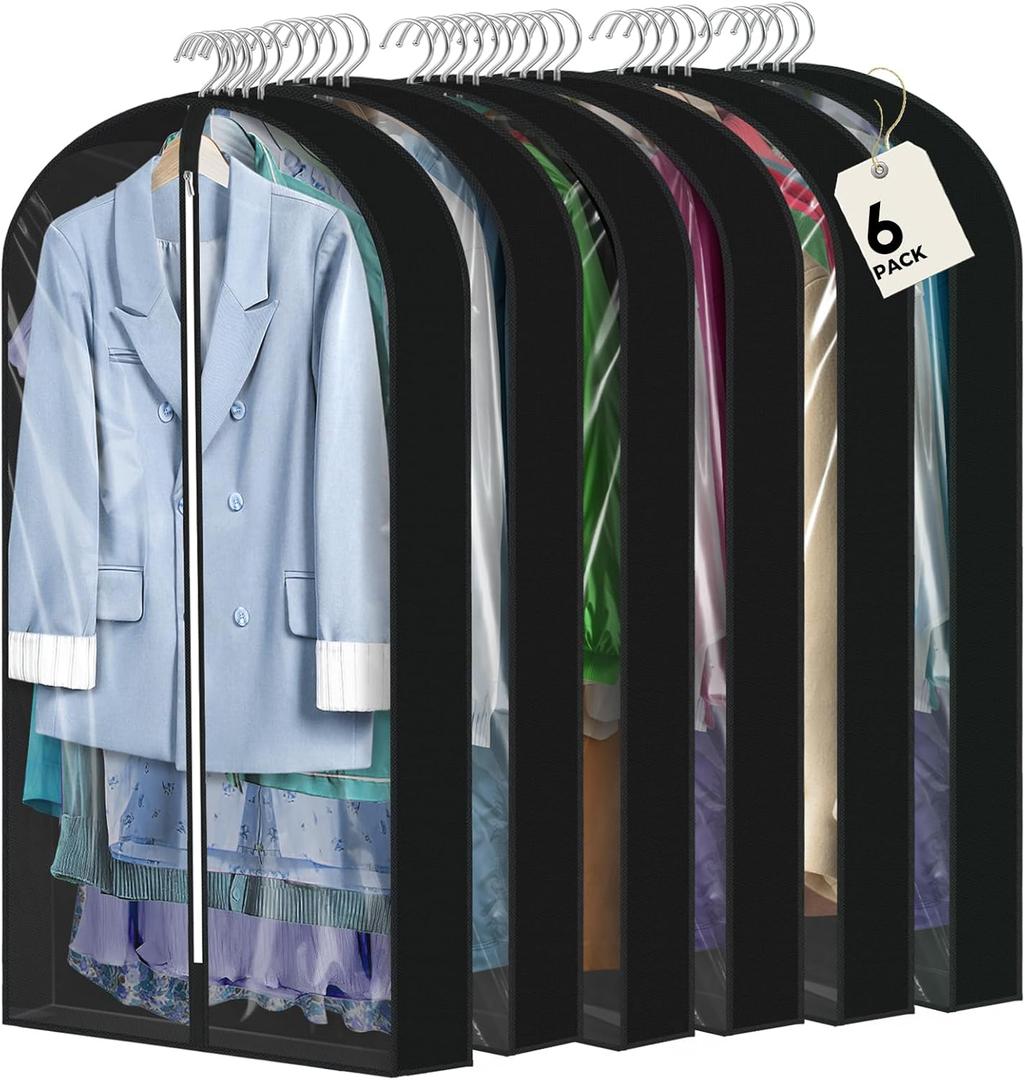 6 Pcs 60" Garment Bags for Hanging Clothes, Clear Suit Bags for Closet Storage Clothing Storage, Garment Bags Shoulder Covers with 4" Gussets for Coats, Jackets, Shirts and Sweater Black