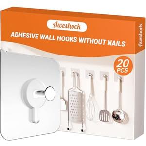 20 Pack Adhesive Wall Hooks, 13 lbs Max Load Picture Hangers Without Nials, Waterproof Oilproof No Damage Hooks for Bathroom Towels, Kitchen, Shower & Home Organization