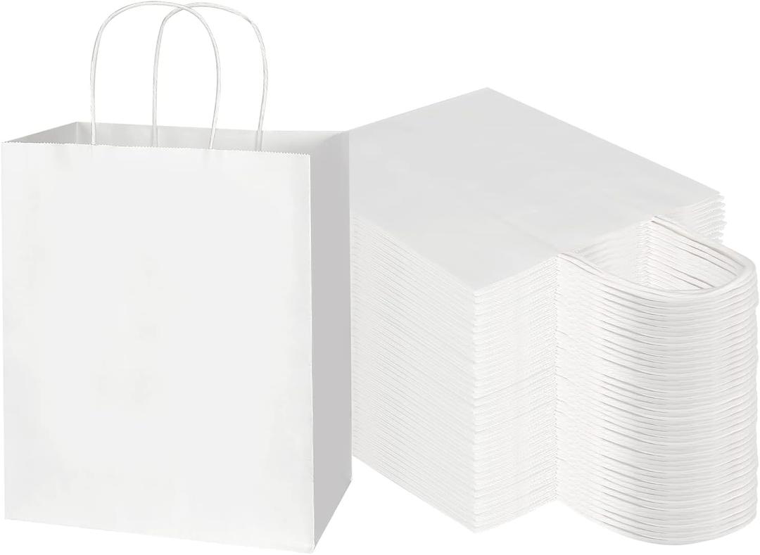 Toovip 100 Pack 8x4.75x10 Inch Medium White Kraft Paper Bags with Handles Bulk, Gift Wrap Bags for Favors Grocery Retail Party Birthday Shopping Business Goody Craft Merchandise Take Out Sacks