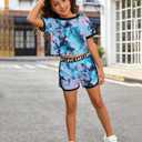 Betusline Girls Summer 2 Piece Outfits,Kids Short Sleeve Crop Top & Shorts Set with Side Pockets (Blue)