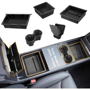 BANKKY 5PCS Center Console Organizer Tray for Tesla Model Y Juniper 2025 2026 Accessories Underseat Armrest Storage Cup Holder Hidden Compartment for Family Travel Kids Daily Commute Road Trips