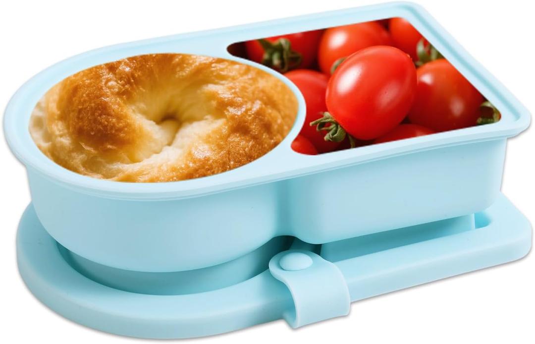 Silicone Reusable Snack Lunch Containers Storage with Lid, Double Compartment Snackle Salad Dressing Sauce Box Containers Pack Small Food Fruit Box for Travel Office Picnic School (Blue)