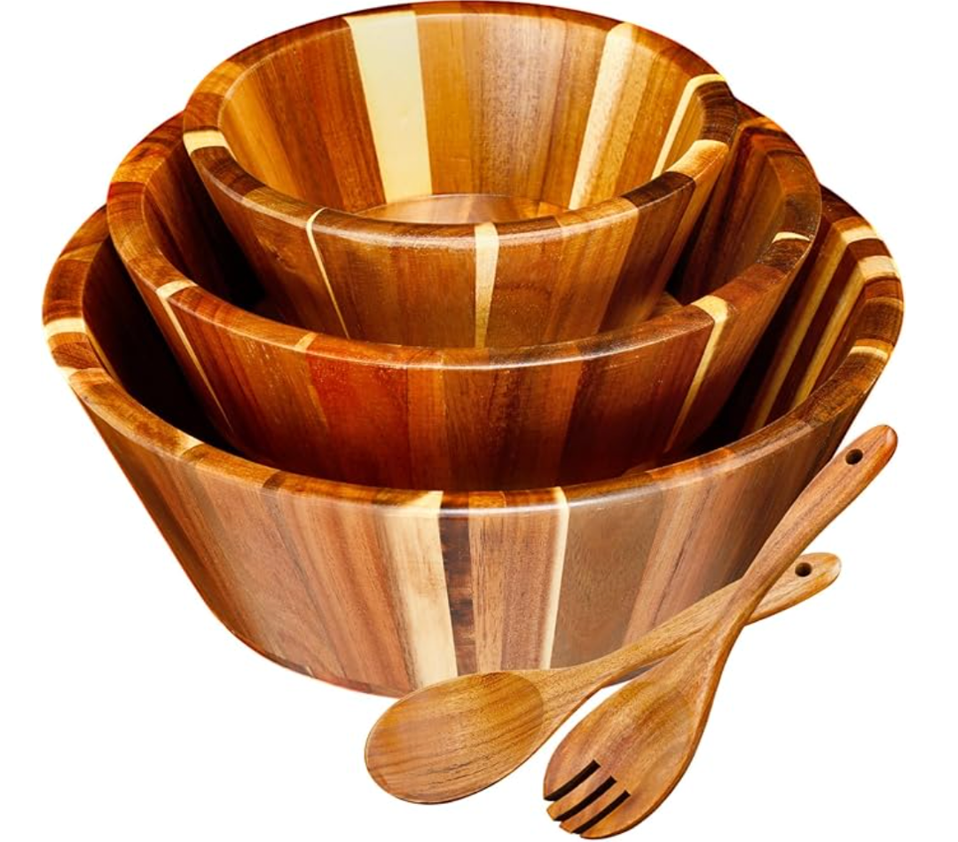 Wooden Salad Bowl Set of 5 - Large Fruit Mixing Bowls with Salad Servers Utensils for Serving Dining Accessory - Handmade - Acacia Wood - Large 12", Medium 10", Small 8"(Round Design)