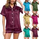 Chase New Designs Women's Silk Satin Pajamas Set Button Down Top and Shorts 2 Piece Sleepwear Loungewear Pjs Set, XL