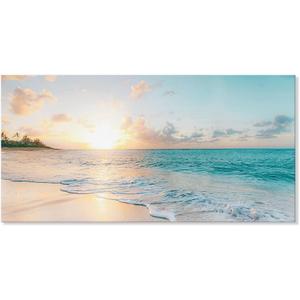 Goldfoilart Large Beach Sunset Canvas Wall Art for Living Room Blue Sea Prints Romantic Ocean Waves Pictures Painting Bedroom Home Office Wall Decor Ready to Hang 24x48Inch
