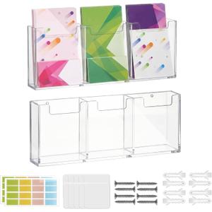 2 Pcs Acrylic Brochure Holder 8.7 x 10.2 Inches Three Slot Wall Mount Plastic Pamphlet Stand Transparent Hanging Flyer Display Holder for Bookmark, Magazine, Booklet