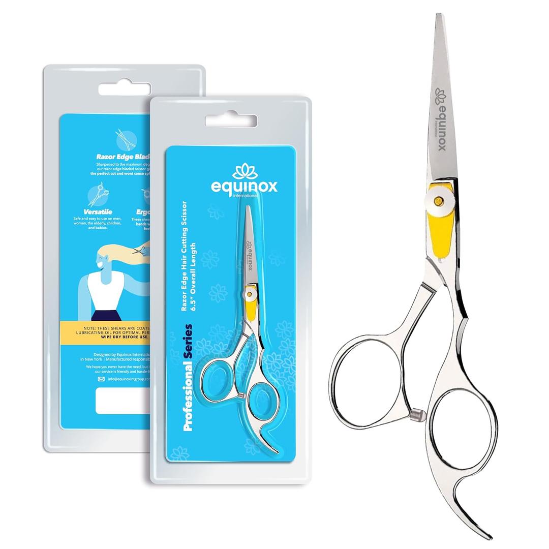 Equinox Professional Razor Edge Series Barber Hair Cutting Scissors - Japanese Stainless Steel Salon Scissors - 6.5 Overall Length - Fine Adjustment Tension Screw - Premium Shears for Hair Cutting (Silver)