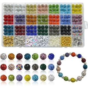 Jukercici 501 Pcs Rhinestone Bead Kit for Bracelet, 10mm Sparkle Clay Crystal Beads for Jewelry Making, 21 Colors Shiny Disco Ball Beads for Crafts Baseball Necklace Keychain Earrings DIY Decoration