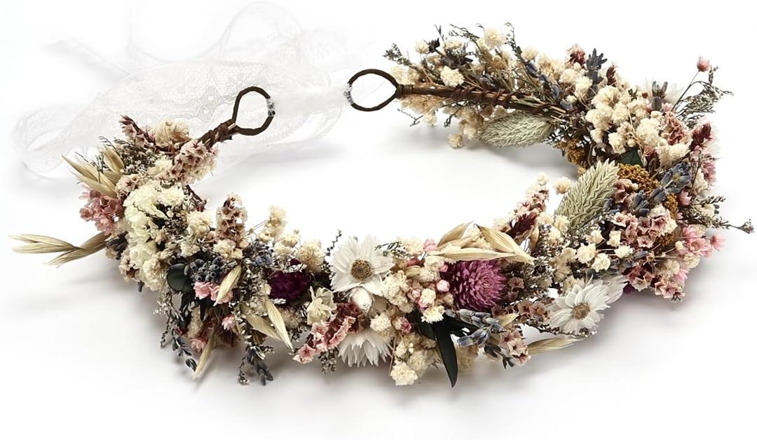 Rustic Preserved Dried Flower Crown Natural Floral Headband with Daisy Cream Mixed Flowers for Women Maternity Brides Bridesmaids Flower Girls Family Photography