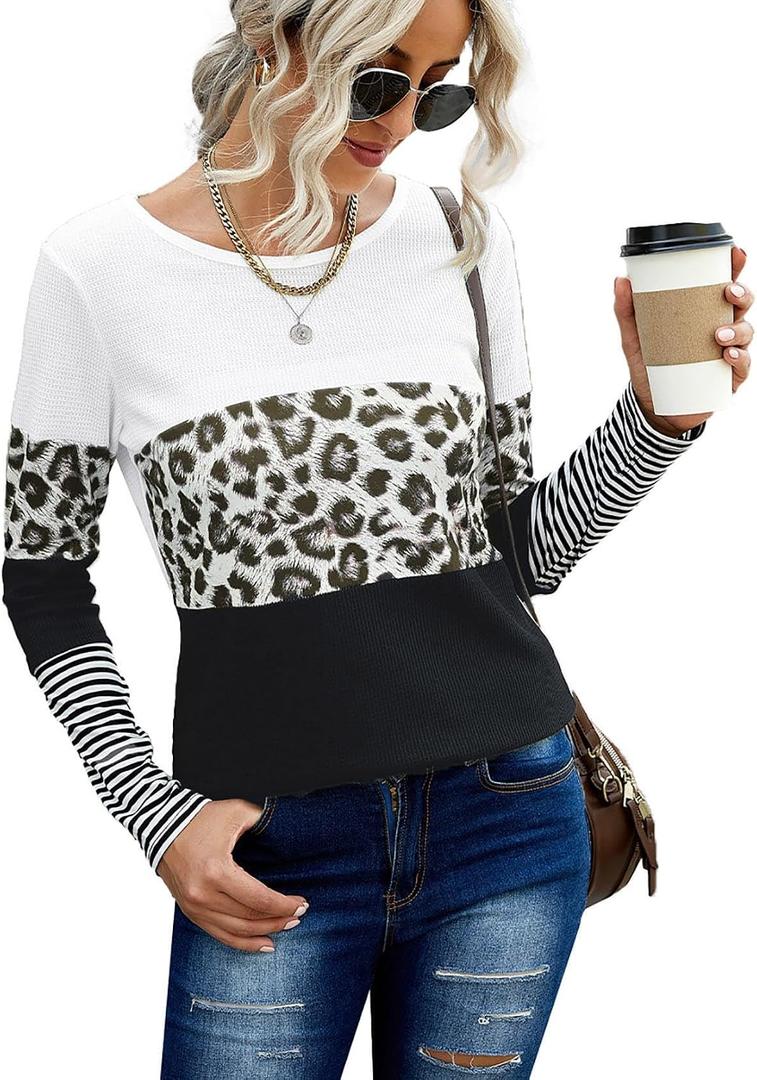 NEYOUQE Womens Color Block Waffle Loose Long Sleeve T Shirts Casual Comfy Tops Tee Shirt Women's Tunics (XXL)
