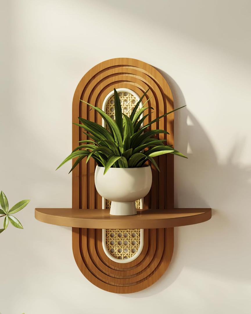 Bamworld Boho Wall Decor Brown Plant Wall Shelf, Mid Century Modern Decor Hanging Plant Shelf, 1-Tier Bamboo Floating Shelves for Home, Bathroom Bedroom Living Room, Office Holding Planter Decoration