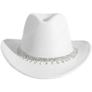 Rhinestone Cowgirl Cowboy Hat Shiny Wide Brim Hat for Party (White)