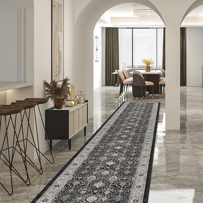 Hallway Washable Runner Rug - 2'6x14 Kitchen Rugs Entryway Rug Runner Vintage Soft Floor Mat Non Slip Indoor Farmhouse Carpet for Bathroom Living Room Bedroom (2'6''x14', Black)