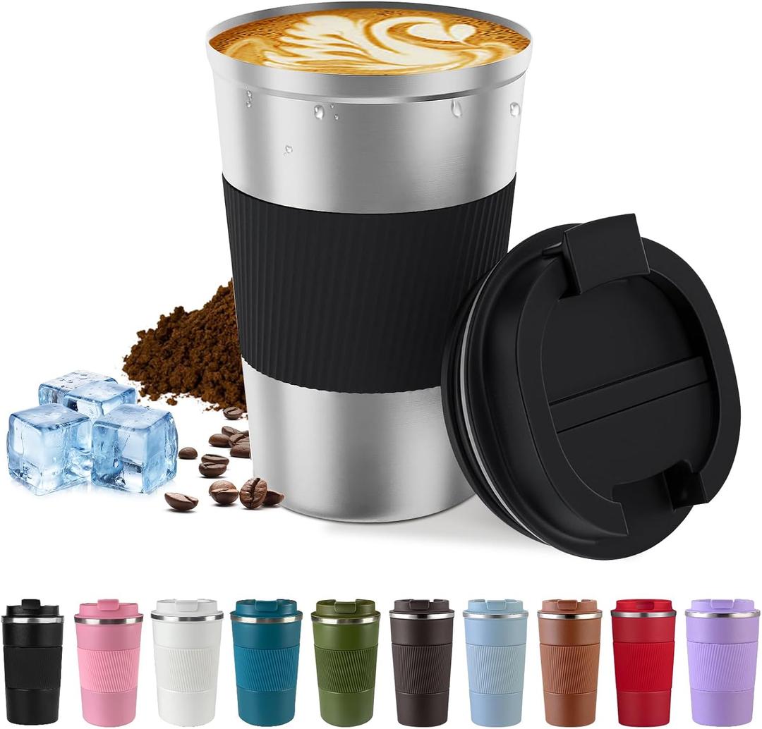 SPLMIFA Vacuum-Insulated Stainless Steel Travel Coffee Mug, Leak-Proof Reusable Coffee Cup with Lid-Keep Hot & Cold Drinks for Hours, Durable Insulated Tumbler for Men & Women(3rd-Silver black, 12OZ)