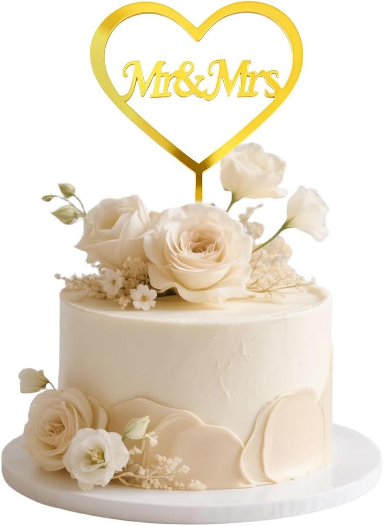 Mr and Mrs Cake Topper with Rustic Design, Acrylic Bride and Groom Wedding Cake Topper for Weddings, Engagements, Anniversaries and Bridal Showers (Golden)