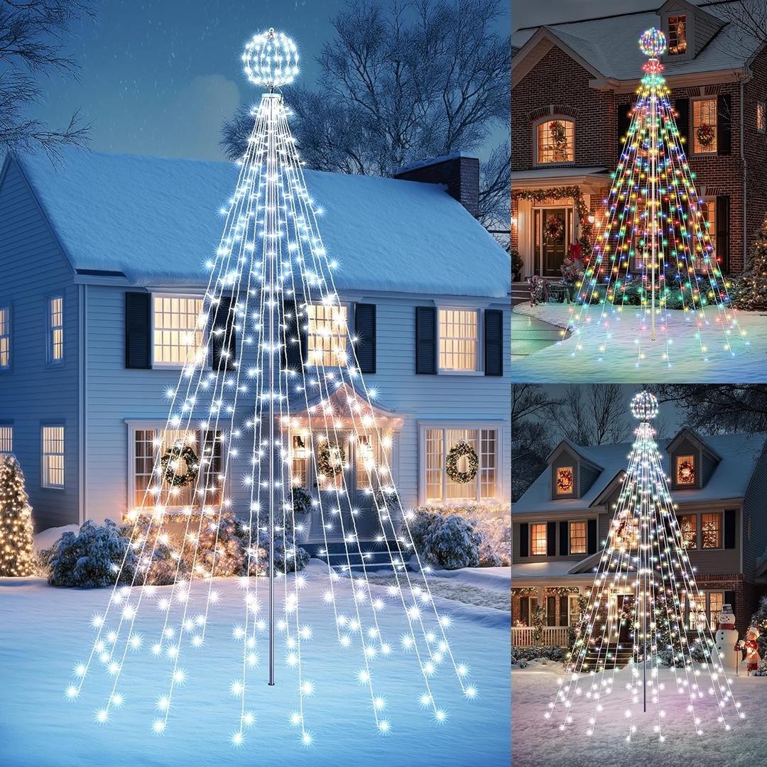 Flacchi Christmas Outdoor Star String Lights - Pole Set with Remote, Multiple Lighting Modes, Timer, and Waterproof Feature (Cool White & Multicolor, Ball 10 FT/432 LED)