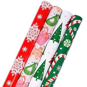 LaRibbons Christmas Wrapping Paper Set, 30 inch x 10 ft - 4 Rolls, Holiday Gift Wrap with Candy Canes, Snowflakes, Gingerbread & Winter Trees – Colorful Xmas Paper for Kids, Family, Party Gifts