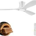 52 Inch Wood Ceiling Fans with Lights Remote,Low Profile Flush Mount Ceiling Fan with Light,Outdoor Indoor Modern Ceiling fan for Bedroom Living room Patio,White,3 Blades,Dimmable,6 Speed,Noiseless, 52-Remote Control