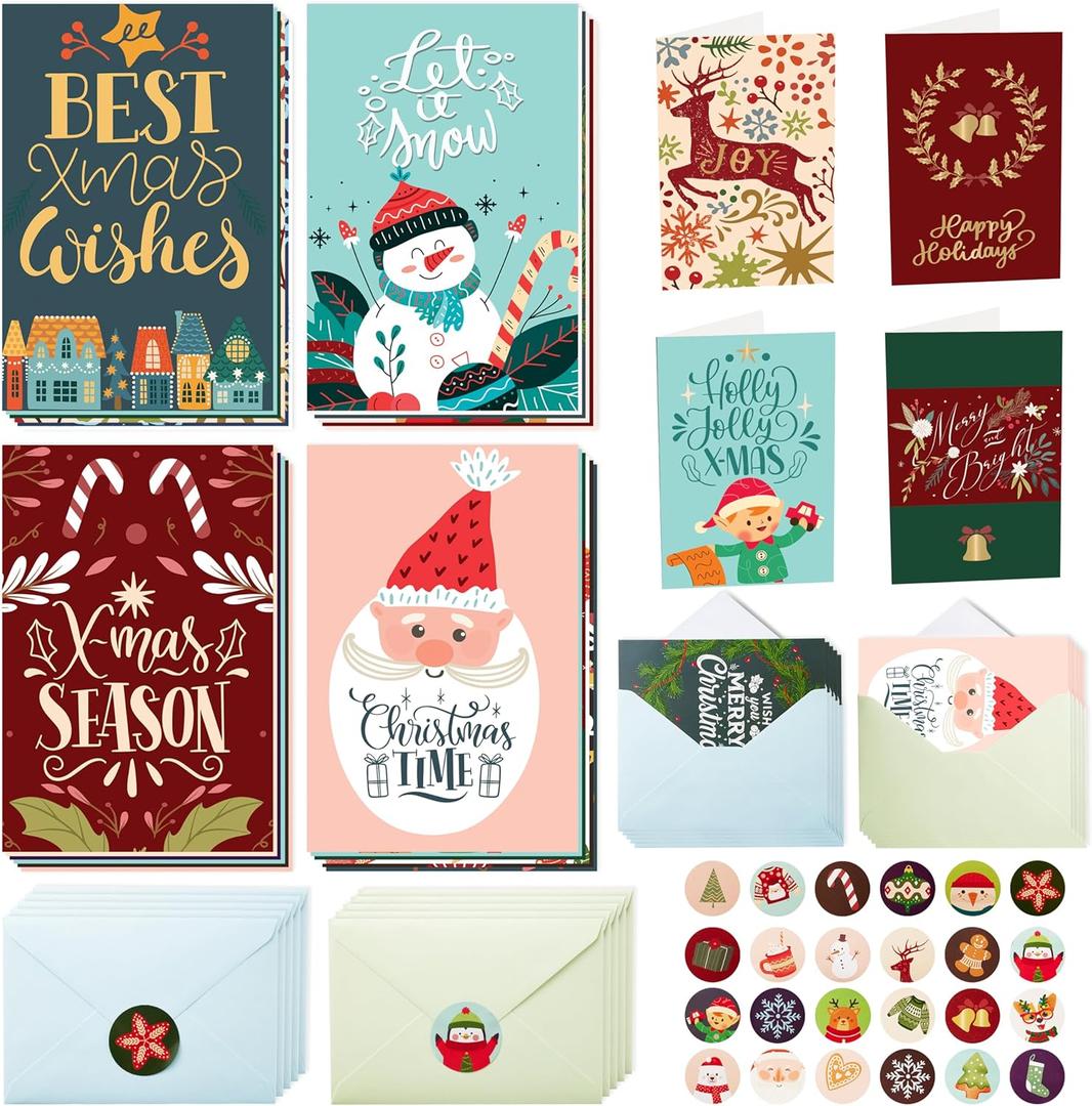 JOYIN 24 PCS Christmas Cards with Envelopes and Stickers, 24 Colorful Designs 4" x 6" Assortment Christmas Cards Bulk for Wintertime Season, present Giving, Xmas Holiday
