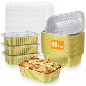 1LB Foil Pans with Lids 50 Pack Heavy Duty Disposable Small Gold Aluminum Pans Foil Cake Baking Tins Loaf Food Storage Containers for Leftover, Meal Prep, Freezer, Heating and Takeout Microwave Safe