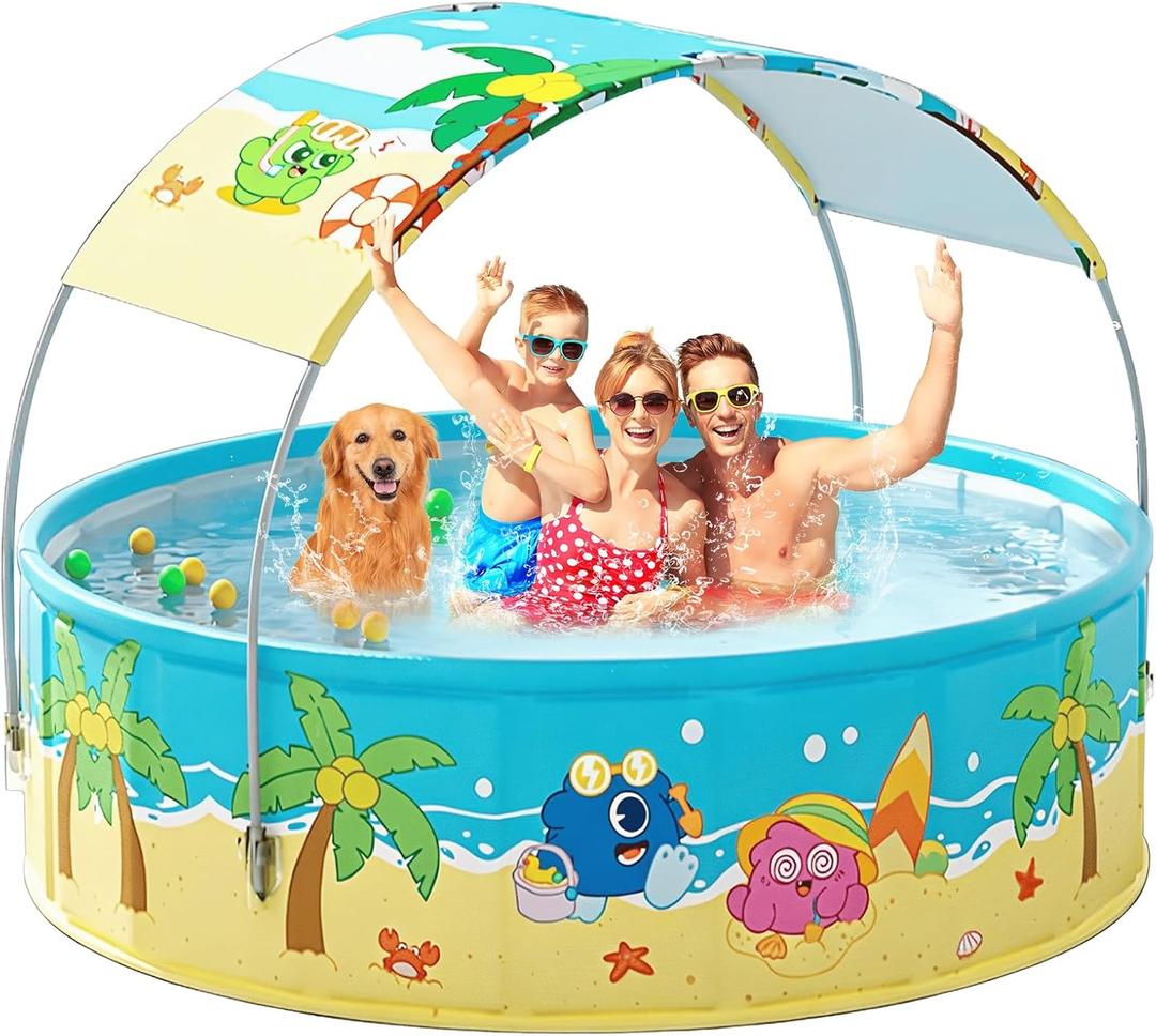 Foldable Swimming Pool with Canopy for Kids 78.7"x17.7" Hard Plastic Portable Dog Pool Anti-Slip Collapsible Large Kiddie Pool Indoor Outdoor Backyard (JellieMons 79'')