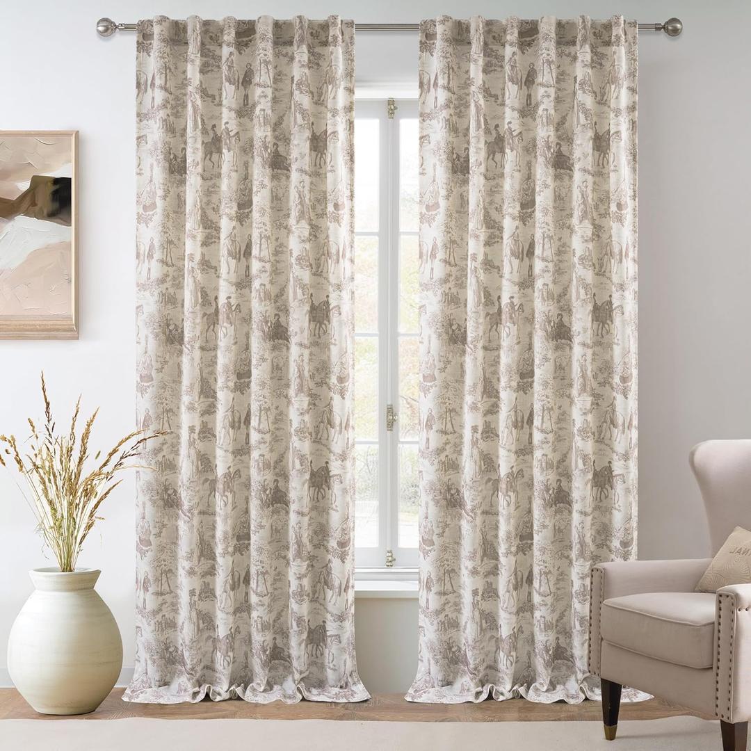 DriftAway 100% Blackout Toile Linen Curtains for Bedroom Double Layer Farmhouse French Country Vintage Printed Pattern Thermal Sound Lined Back Tab Living Room Drapes 96 inch Length 2 Panels Beige