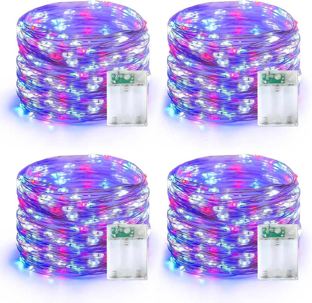 YEGUO 4 Pack Red White and Blue Fairy Lights Battery Operated - 16ft 50 LED 4th of July Twinkle Lights for Independence Day Patio Yard Tree Decorations