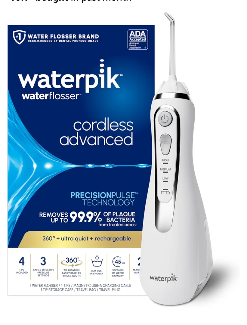 Waterpik Cordless Advanced 2.0 Water Flosser For Teeth, Gums, Braces, Dental Care With Travel Bag and 4 Tips, ADA Accepted, Rechargeable, Portable, and Waterproof, White WP580