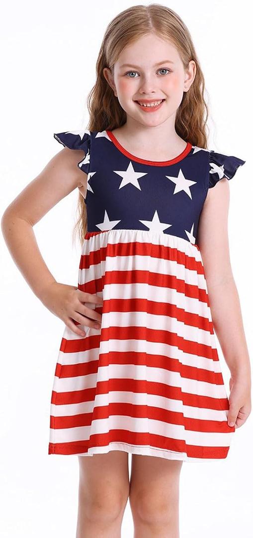 RONGTAI Girls 4th of July Dress Kids American Flag Patriotic Stars Striped Summer A Line Dresses for Kids Independence Day, 4-5T