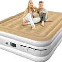 Air Mattress Queen with Built in Pump, Portable Air Bed for Camping & Guest, Antileak Blow Up Mattress with Soft Flocked Top, Foldable Queen Air Mattress with Built in Pump (18 Inches - Beige & White)