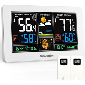 Newentor Weather Station Wireless Indoor Outdoor Thermometer, Color Display Digital Weather Thermometer with Atomic Clock, Barometric Pressure, Forecast Station with Adjustable Backlight, White, 2 Sensor