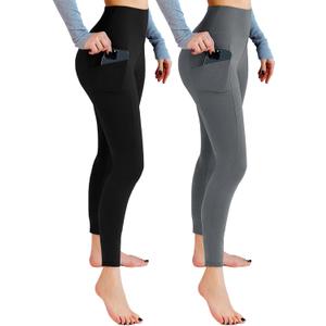 Leafigure 2 Pack Leggings with Pockets for Women, High Waisted Soft Leggings for Yoga Gym (Large-X-Large, Black/Grey)