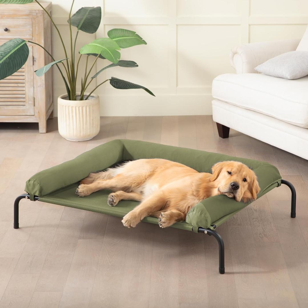 Cooling Elevated Dog Bed for Large Dogs, Outdoor Raised Dog Beds Portable Dogs Cot Bed W/Breathable Mesh, Pet Cots W/Removable Waterproof Bolster
