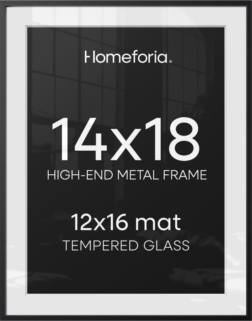 Homeforia 14x18 Black Picture Frame, High-End Metal, 12x16 Mat, Glass