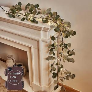 LITBLOOM Lighted Eucalyptus Garland Battery Operated with Timer 6FT 96 LED Artificial Greenery Twig Vine Lights for Room Stairs Mantle Wedding Holiday Decoration Indoor Outdoor (Eucalyptus)