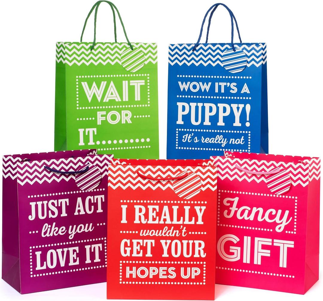 Large 13 inch Gift Bags - Pack of 5 - Funny Gift Wrap for Birthdays and All Occasions,13x10.5x5.75 Inch 