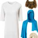 PROMOTED TO BIG SISTER Boys Jesus Saint Religious Biblical Robe Halloween Costume Wig Moustache Scarf Shawl Waist Rope Set (9-10 Years, Blue)