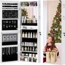 VECELO LED Jewelry Mirror Cabinet, Lockable Wall or Door Mounted Jewelry Armoire Organizer, Full Length with Storage, White