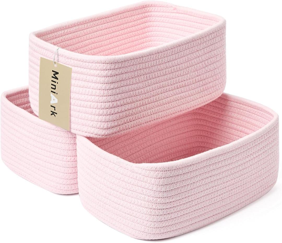 Small Storage Baskets for Organizing | Closet Organizer Bins | Shelf Toy Basket | Woven Rope Baskets | Cube Decorative Box | Shallow Basket | 11.5x7.5x4.7 | 3 Packs Light Pink