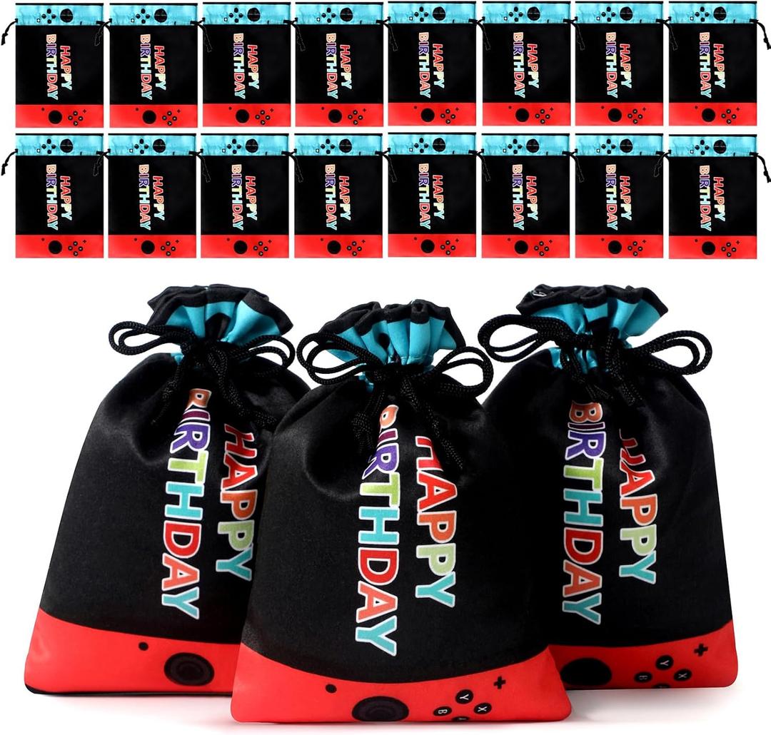 RICHNESS 16pcs Video Game Party Favor Bags Drawstring Game on Party Bags 4.5X6IN Satin Goodie Bags