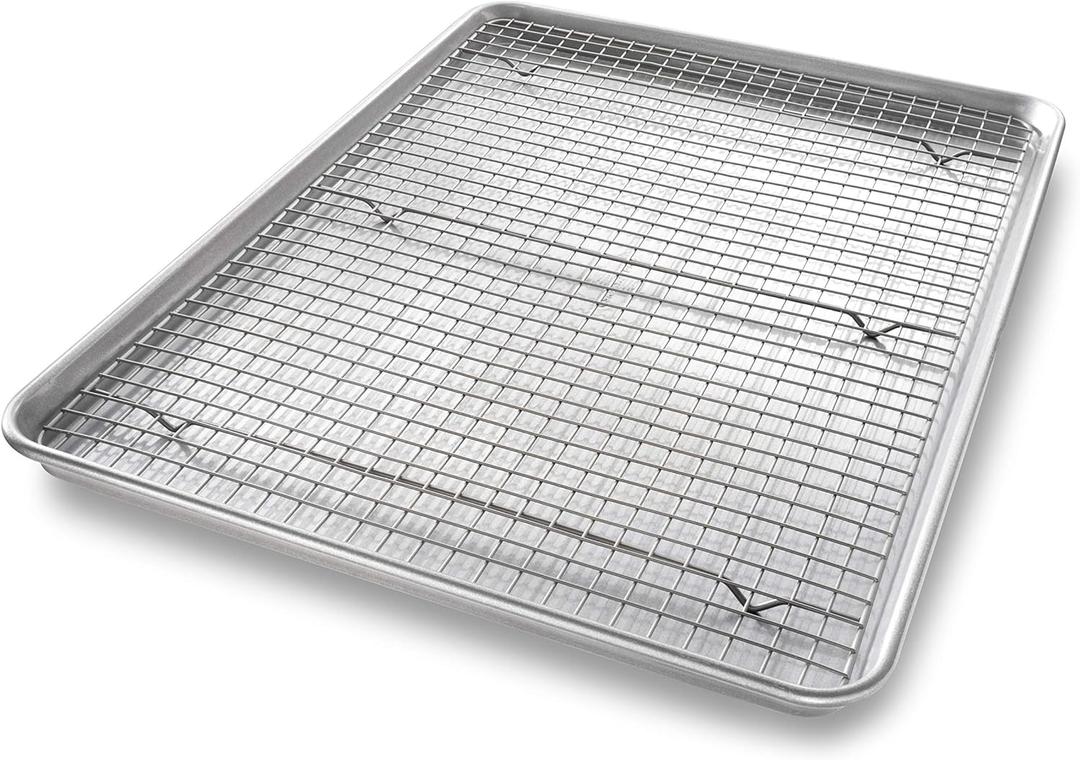 USA Pan 1607CR Bakeware Extra Large Sheet Baking Pan and Bakeable Nonstick Cooling Rack Set, XL, Metal
