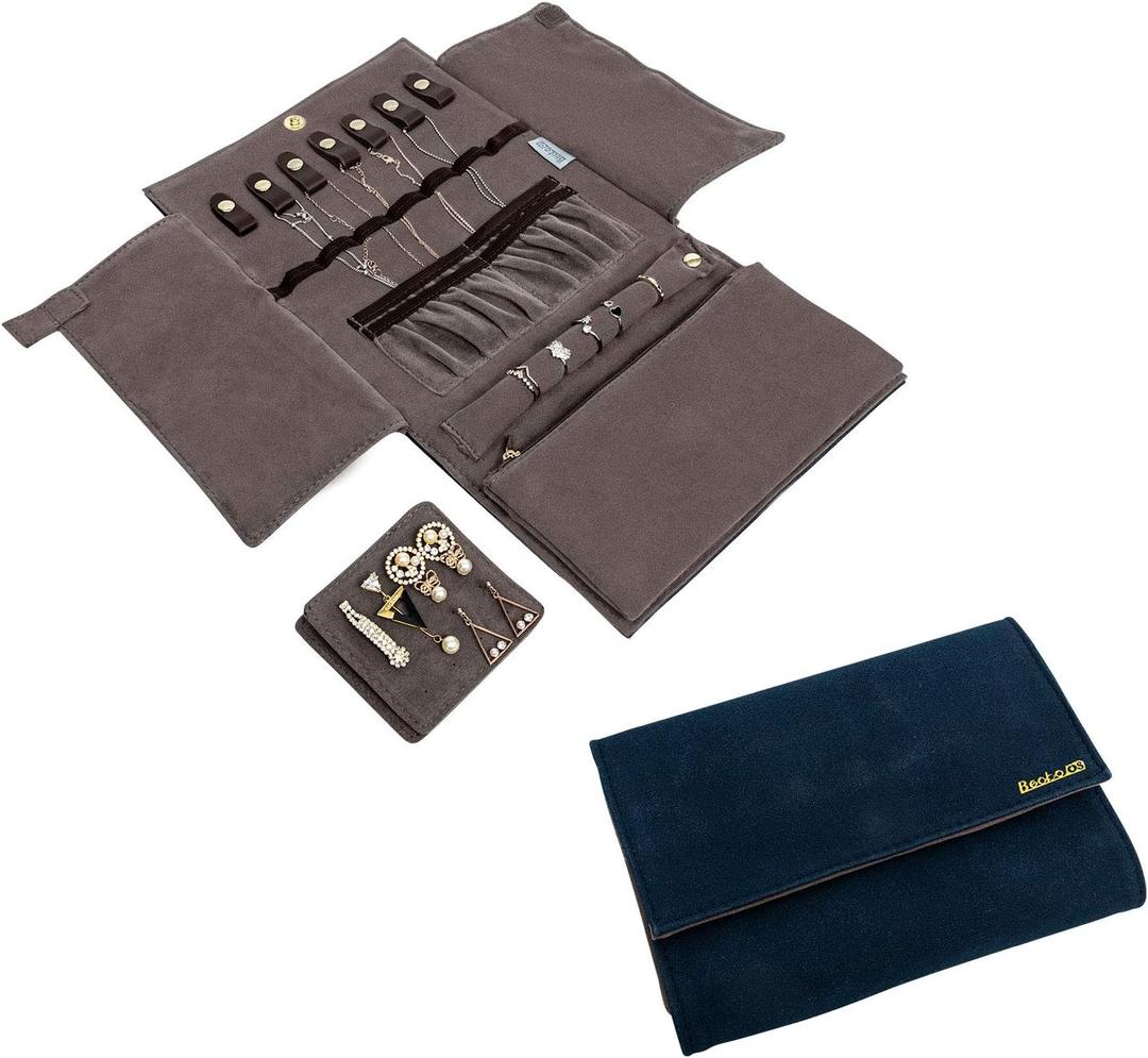 Becko US Jewelry Organizer Roll Travel Jewel Bag case for Multiple Necklaces, Rings, Bracelets, Supple Leather & Suede, Large Capacity Without Crease, Lightweight, Portable & Practical (Dark Blue)