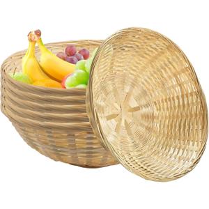 6 PCS Bamboo Bread Basket, 12 Inch Round Stackable Bamboo Woven Food Serving Basket for Kitchen Dining Table Centerpiece Display Picnic, Natural Rustic Counter Organizer for Vegetables, Snacks, Eggs