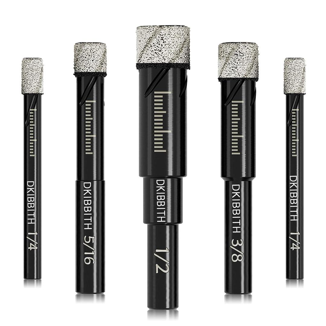 Dry Diamond Drill Bits Set, 5 Pcs Tile Drill Bits for Porcelain, Ceramic, Granite, Marble, Stone, Glass Hard Materials, Round Shank 1/ 4", 5/ 16", 3/ 8", 1/ 2" Drill Bits, with Storage Case
