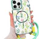 AIGOMARA Magnetic for iPhone 16 Pro Case [Compatible with MagSafe] Clear Floral Flower Pattern Phone Case with Wrist Strap Lanyard, Slim Shockproof Cover for Girls Women, Green