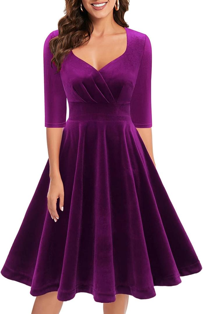 Bbonlinedress Women Vintage Cocktail Dress 1950s Formal Wedding Party 50s 60s Retro Rockabilly Swing Dress (Large, Velvet-grape)