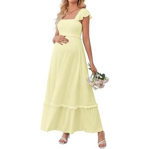 OUGES Womens 2025 Summer Maternity Photoshoot Dress Boho Maxi Smocked Baby Shower Dress Ruffle Sleeve Maternity Clothes, XL
